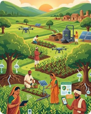 Farmers using sensors, drones and solar power across a sustainably cultivated landscape