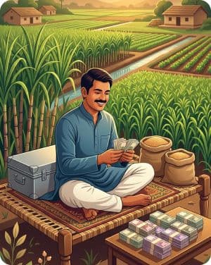 A cultivator counting banknotes beside a cash box on a charpoy in front of his crop